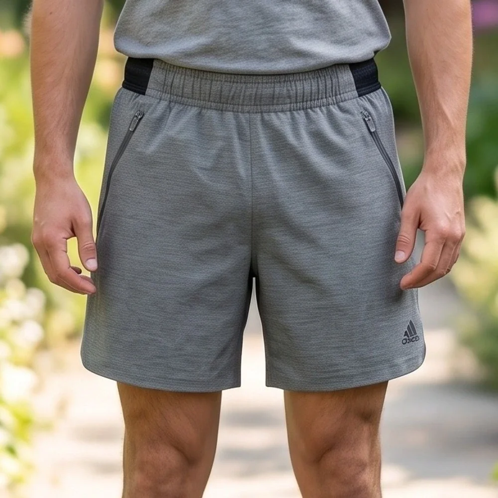 Adidas Axis Heather Grey Athletic Training Shorts with Zip Pockets Mens S 5in